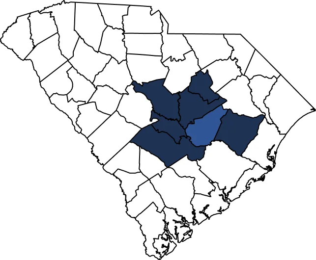 Map of South Carolina showing the counties of Sumter, Lee, Kershaw, Orangeburg, Williamsburg, Clarendon, and Richland