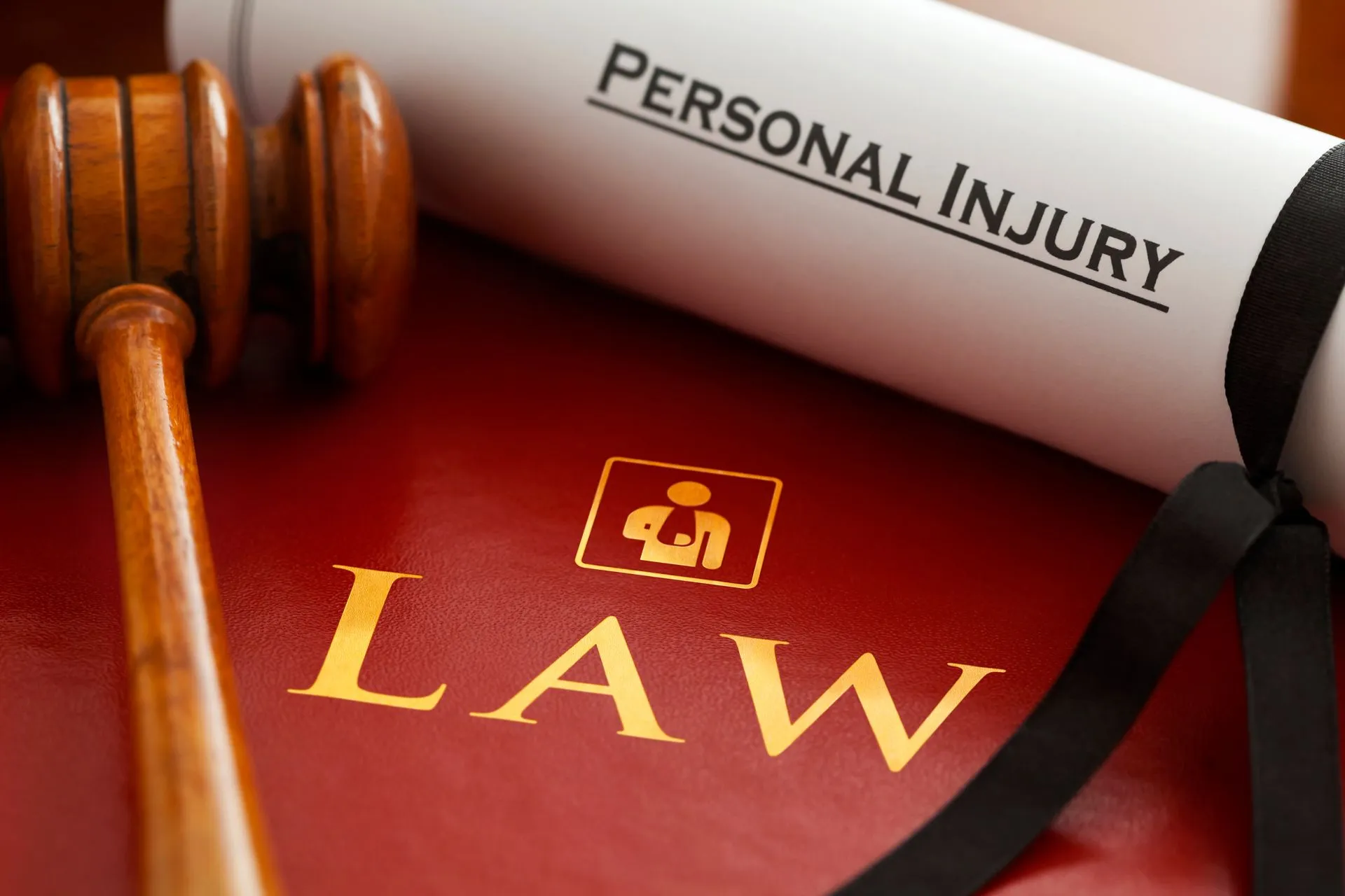 A wooden gavel resting next to a red law book and a rolled document titled PERSONAL INJURY tied with a black ribbon.