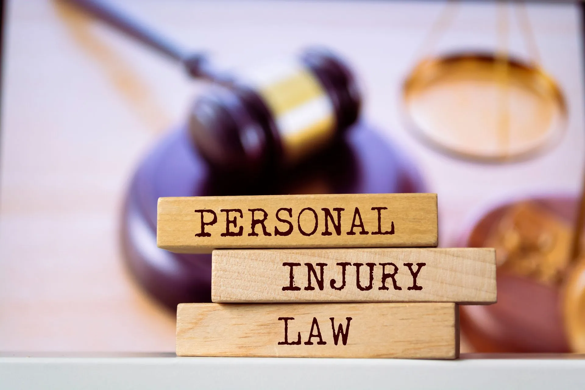 Three stacked wooden blocks reading PERSONAL INJURY LAW with a blurred gavel and scales of justice in the background.