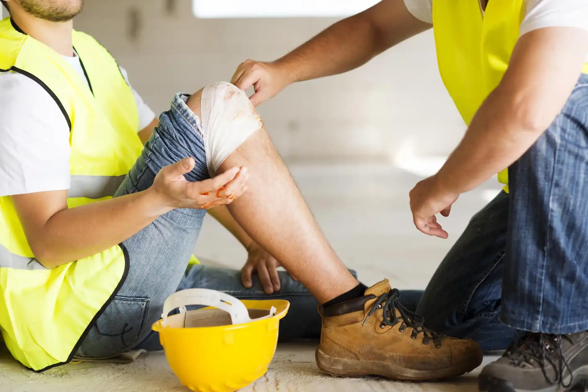 A construction worker sitting on the ground receiving first aid on an injured, bandaged knee from a coworker.